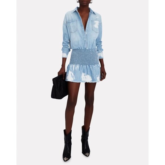 NWT SER.O.YA Monica bleached splashed denim mini dress with smocked waist, L - Picture 8 of 16